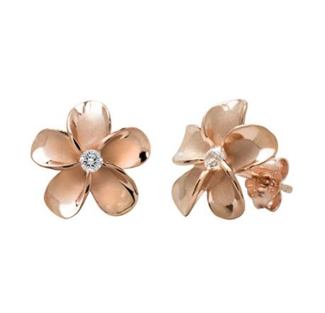 Özel toptan 14k Rose Altın Kaplama Stering Gümüş CZ Plumeria Saplama Küpe, 12mm