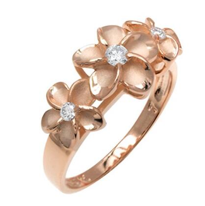 Fáinne Trí Plumeria CZ mórdhíola saincheaptha le Críochnaigh Rose Gold 14K thar Sterling Silver