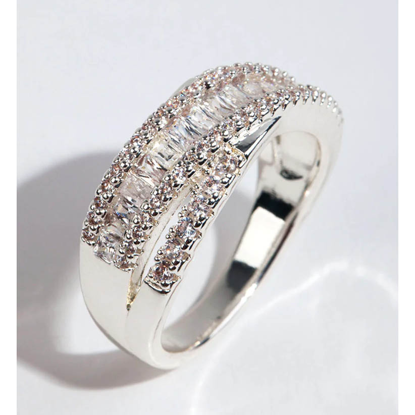 Silver Plated Cubic Zirconia Crossover Baguette Ring China silver wholesale custom jewelry manufacturer
