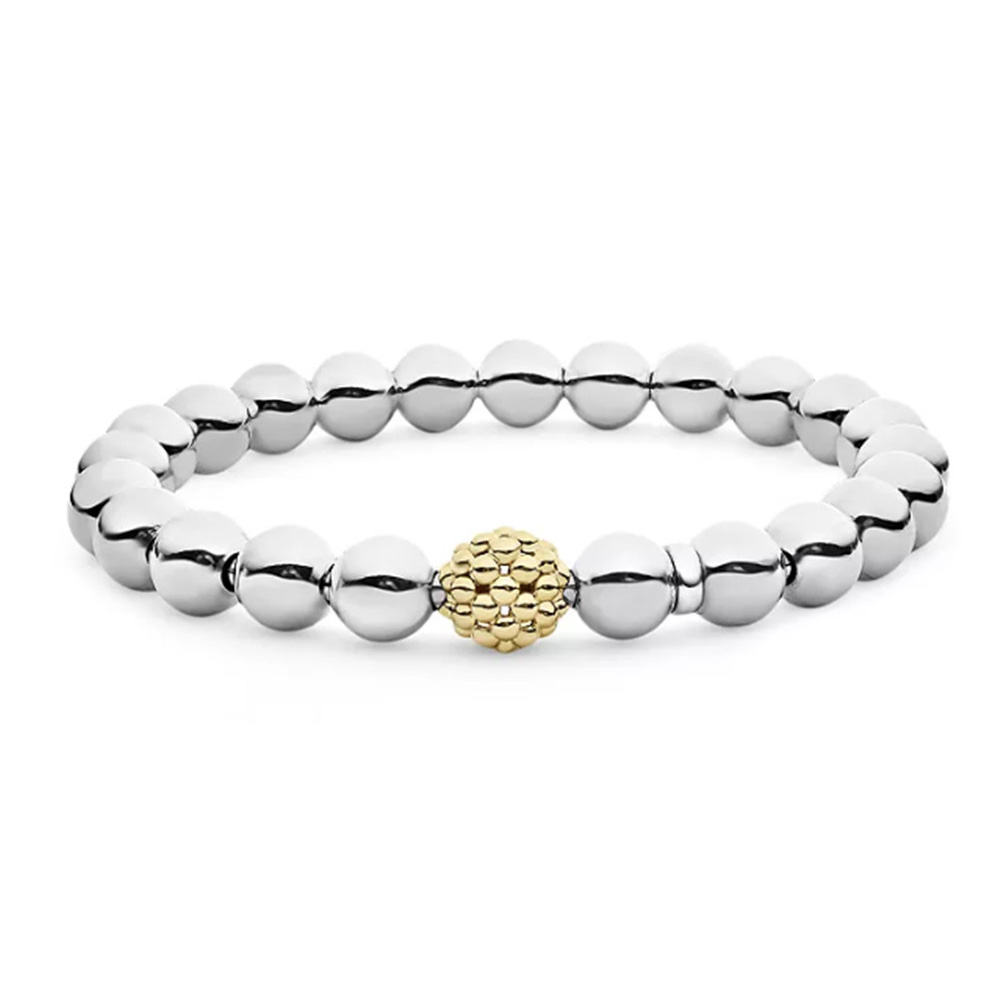 Pulsera elástica de caviar de fabricante de joyas de plata de ley y oro amarillo de 18 quilates hecha a medida