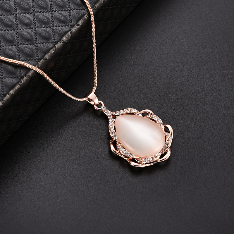 Custom Wholesale  Pink Opal And White Zircon Necklace | 18K Rose Gold Plated Necklace Manufacturing | Jewelries Wholesale Ladies Fancy Necklace