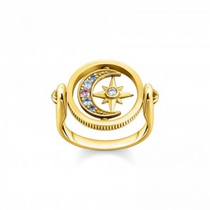 Wholesale custom 925 silver manufacture Sterling silver  jewelry 18K Yellow Gold Plated with Multicoloured CZ Rotating Moon & Star Ring