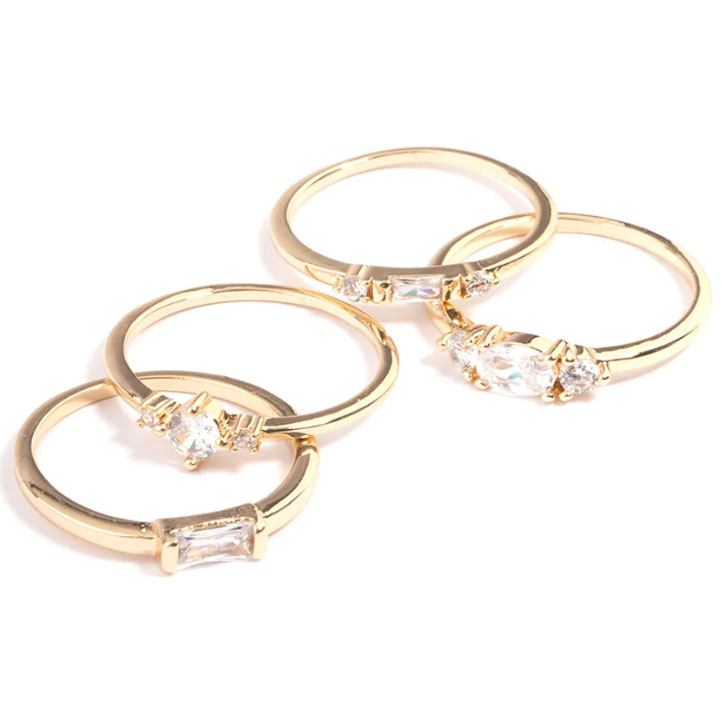 Fabricante de joyas de oro de 18 quilates personalizado, anillos de formas mixtas con circonita cúbica chapada en oro, paquete de 4