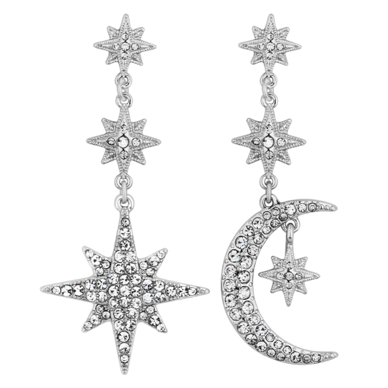 Custom earrings manufacturing MOOD Silver Crystal Moon And Star Statement Drop Earring