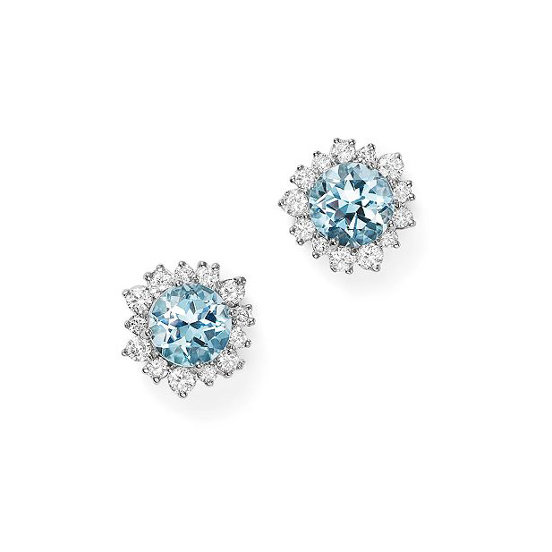 custom jewelry Gemstone & Diamond Halo Stud Earrings in 14K White Gold Vermeil