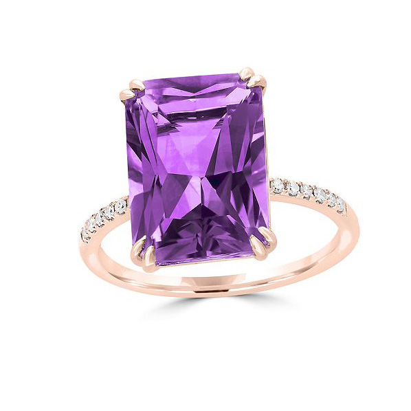 Bague de déclaration d'améthyste et de diamant d'ODM d'oem d'usine de bijoux faite sur commande en vermeil d'or rose 14K