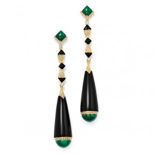 Custom jewelry manufacture Black Onyx, Malachite & Diamond Drop Earrings in 18K Yellow Gold Vermeil