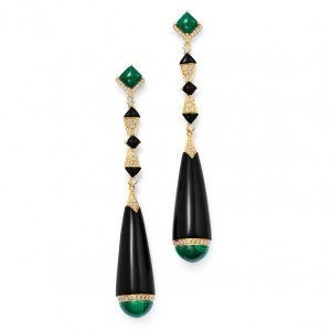 Fabrication de bijoux sur mesure Boucles d'oreilles pendantes onyx noir, malachite et diamant en or jaune 18 carats vermeil