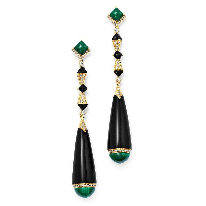 Custom jewelry manufacture Black Onyx, Malachite & Diamond Drop Earrings in 18K Yellow Gold Vermeil
