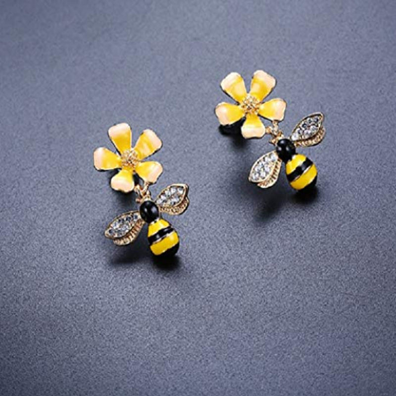 Boucle d'oreille en émail OEM Bee & Bloom, fabricant d'or jaune 10 carats, vente en gros