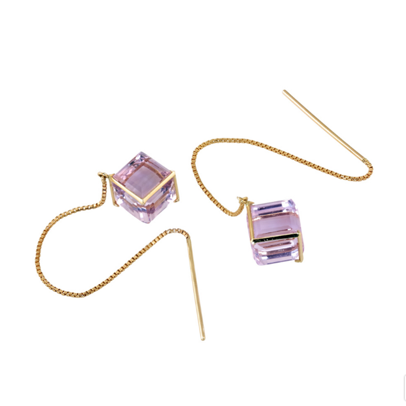 Produttore di gioielli in oro con orecchini quadrati di ametista rosa personalizzati OEM in oro 18 carati all'ingrosso