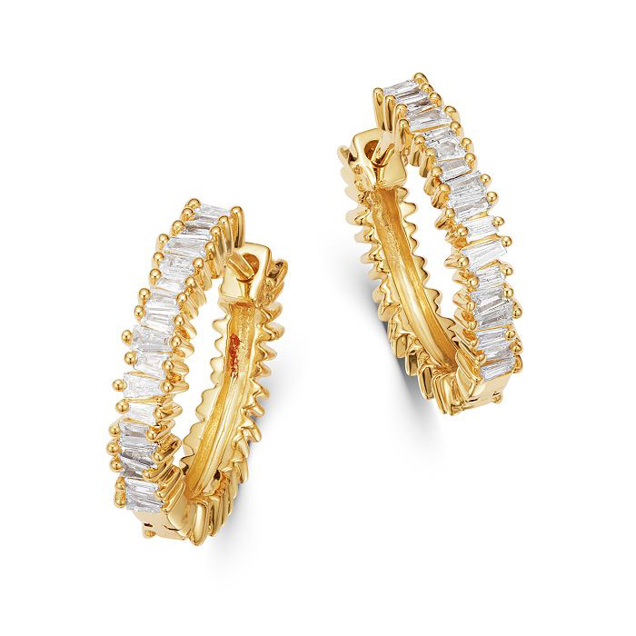 Grosir perhiasan Thailand kustom CZ Baguette Huggie Hoop Earrings dalam perak Vermeil Emas Kuning 14K