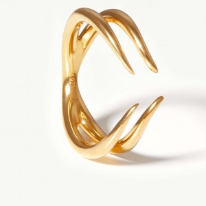fornecedor de joias no atacado, anel aberto de garra dupla personalizado em ouro vermeil 18k