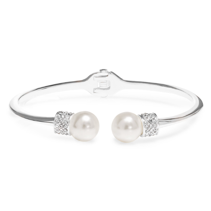 wholesale rhodium plated jewelry custom  Silver Plated Pearl And Pave Open Bangle